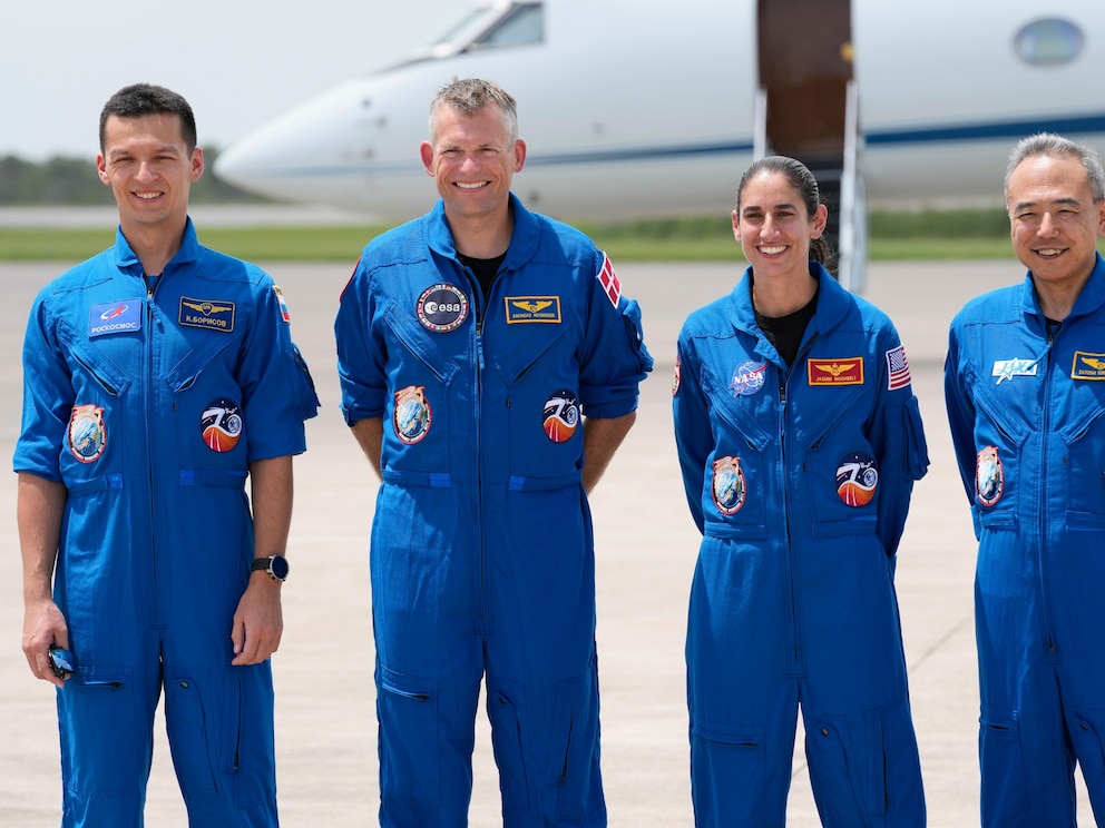 Astronauts, Russian cosmonaut Konstantin Borisov, Danish astronaut Andreas Mogensen, NASA astronaut Jasmin Moghbeli and Japanese astronaut Satoshi Furukawa 